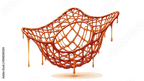 An intricate abstract form, resembling a delicate basket woven from golden, viscous liquid, gracefully melts and drips in amber streams, creating a