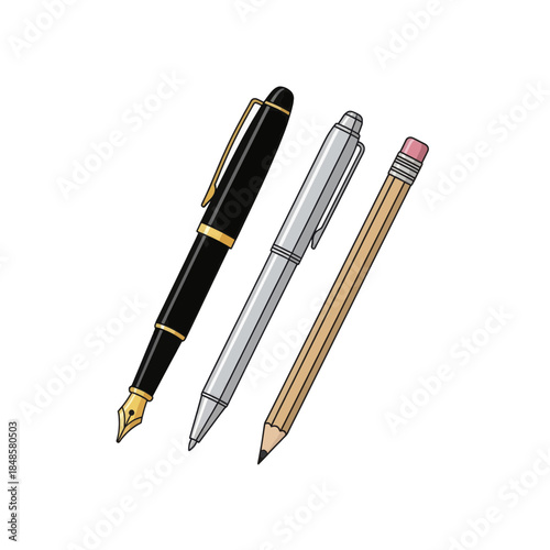 Three writing instruments fountain pen pencil and ballpoint.