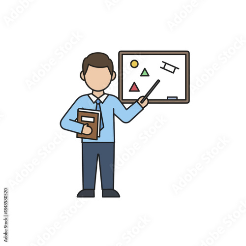 Teacher presenting shapes on whiteboard illustration.