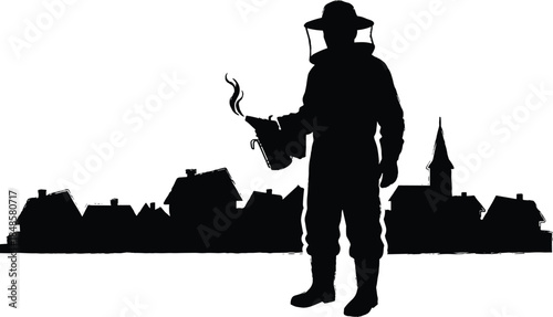 Beekeeper silhouette holding smoker near village skyline illustration representing beekeeping tradition, agriculture work, nature care, and rural life in black and white style