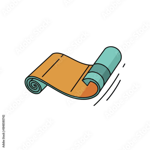 Rolled orange and teal yoga mat in motion.