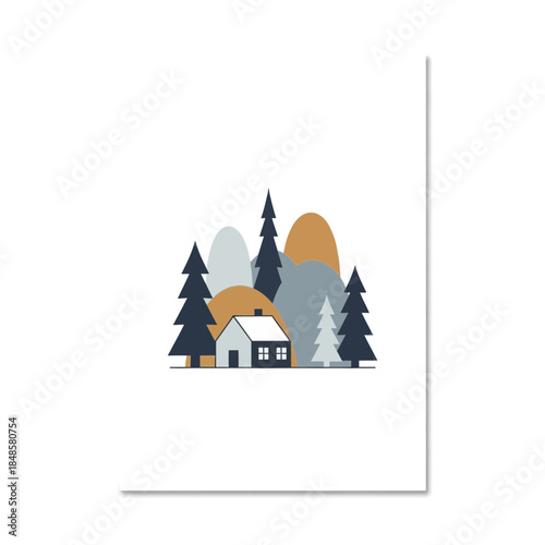 Cozy cottage surrounded by pine trees in a forest landscape.