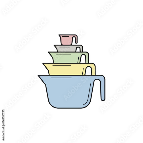 Stacked pastel cups set in a decorative kitchenware illustration.