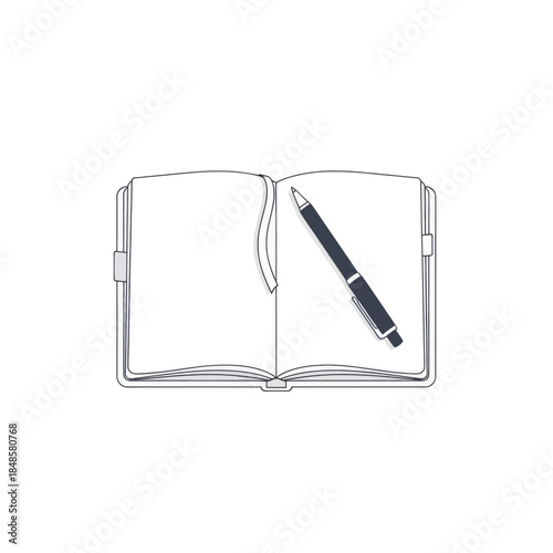 Open notebook with pen resting on its pages.