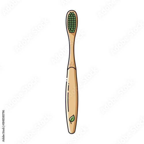 Wooden toothbrush with green bristles isolated on white.