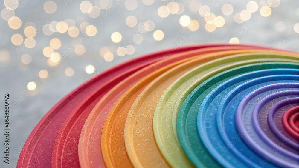 Obraz premium Geometric forms iconography visual. Colorful overlapping circular discs create vibrant abstract pattern with bokeh background