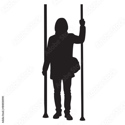 Silhouette person standing in subway train holding vertical poles public transport daily commute urban lifestyle passengers