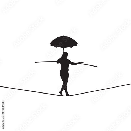 Silhouette woman walking tightrope holding umbrella and balance pole graceful performer high wire artist risk management