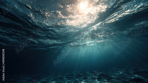 Fototapeta Naklejka Na Ścianę i Meble -  Underwater Sea - Deep Abyss With Blue Sun light