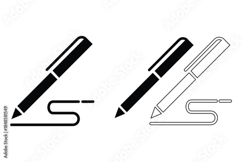 Writing Instruments Icon Set – Pencil, Fountain Pen, and Ballpoint Pen Silhouettes, Vector Illustration