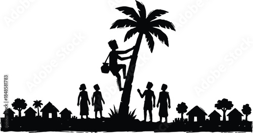 Children climbing palm tree in rural village silhouette illustration, traditional countryside childhood activity scene, playful community lifestyle concept, black and white vector artwork