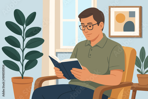 Man Reading Book at Home