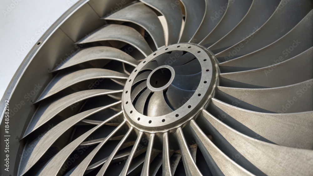 Fototapeta premium Geometric forms iconography visual. close up of metallic turbine with rotating blades, showcasing intricate engineering details