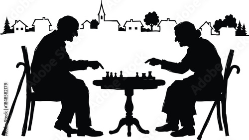 Elderly men playing chess silhouette illustration with village background representing strategy, friendship, leisure time, and peaceful rural life in black and white style