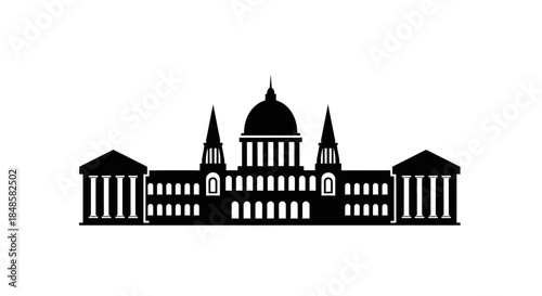 Black silhouette of large building.