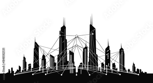 City skyline with skyscrapers and bridge.