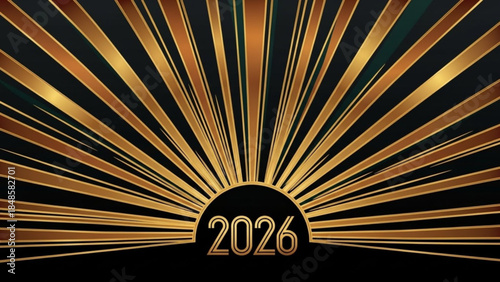 Golden sunburst design with the year 2026 in gold text on a black background for new year's eve celebrations and future planning