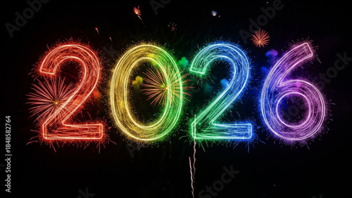 Vibrant rainbow colored 2026 numbers made of sparkling fireworks on black background for new year celebration