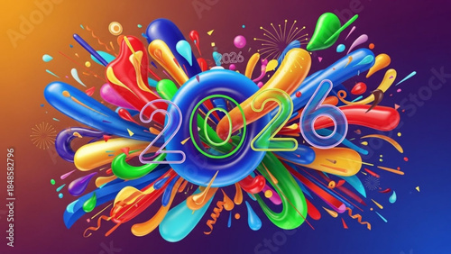 Vibrant colorful 2026 graphic design with swirling shapes and numbers on gradient background