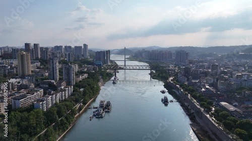 Aerial View of Yibin City and Jinsha River Bridge, Sichuan China