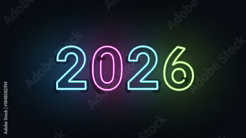 Neon sign displaying the year 2026 in colorful glowing numbers on dark background
