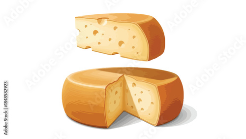 A vibrant graphic illustration showcasing a delightful block of yellow cheese with characteristic holes and a complementary round cheese wheel