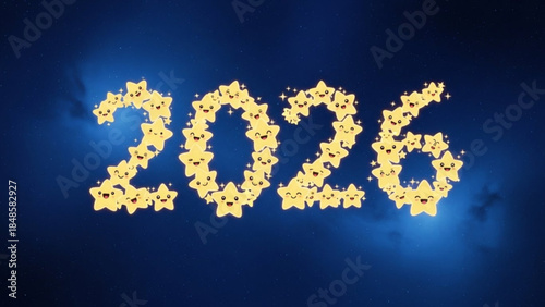 Golden starry 2026 text with smiling stars on dark blue background with glowing effect