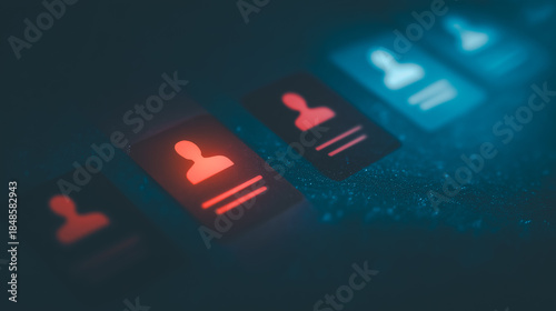 User profile icons glowing in red and blue on dark digital interface, symbolizing identity protection and authentication steps