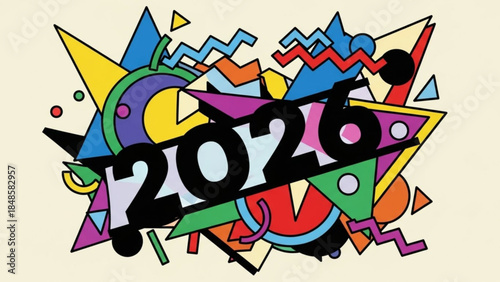 Vibrant 2026 abstract art with colorful geometric shapes and bold black numbers on cream background for modern designs