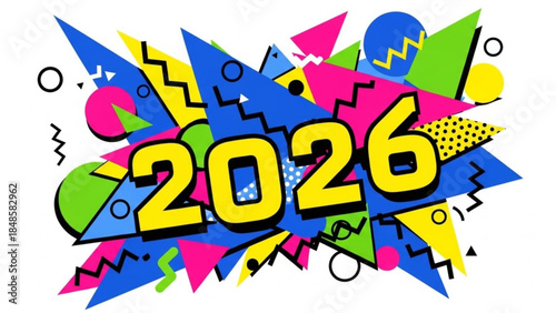 Vibrant 2026 year graphic with bold yellow numbers and colorful geometric shapes on white background