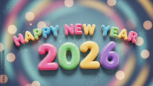 Happy new year 2026 colorful celebration background with shiny letters and numbers, festive bokeh lights