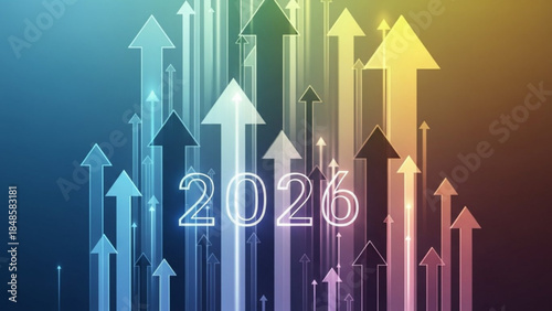 A futuristic illustration of multicolored arrows pointing upwards with the year 2026 in neon white outlined text symbolizing growth