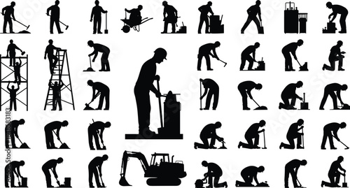 Construction workers silhouettes set, builders with tools, excavators, shovels, wheelbarrows, scaffolding, industrial site laborers, heavy manual work, cad drawing flat vector illustration