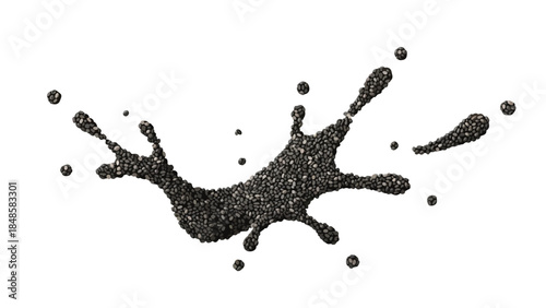 Dynamic scatter of countless tiny dark seeds forming an artistic splash on a pristine white background, capturing movement and healthy, natural