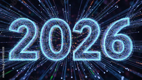 Glowing blue 2026 text with radiant lines and dots on dark background