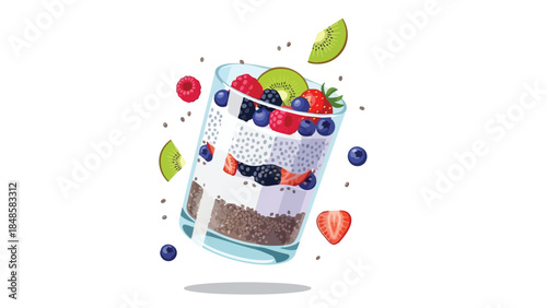 Dynamic illustration of a nutrient-rich breakfast parfait with mixed berries and kiwi slices