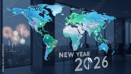 New year 2026 global celebration with world map and fireworks display