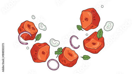 Vibrant culinary illustration showcasing spiced protein cubes with fresh herbs and onion accents food art