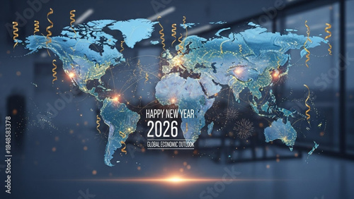 Happy new year 2026 global celebration with world map and confetti