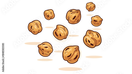 Dynamic cartoon illustration featuring plump golden chickpeas gracefully floating on a pristine white background with subtle soft shadows perfect