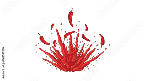 A fiery illustration capturing the intense burst of vividly colored red chili peppers, symbolizing flavor, heat, and zest in a dynamic culinary