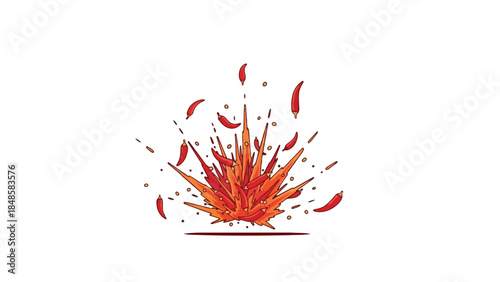 A vibrant cartoon illustration showcasing an intense fiery burst of red chili peppers scattering energetically in an explosive display of dynamic