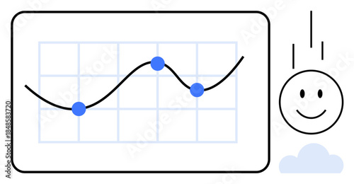 Data trends. Smooth line graph with grid and plotted points showing data trends, complemented by a positive happy face icon. Data trends for finance, education, business analysis, marketing