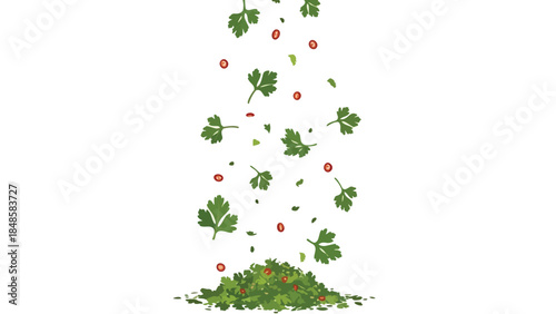 Fresh green leaves and red spice particles descending gracefully, accumulating into a fragrant pile at the bottom of a clean white surface,