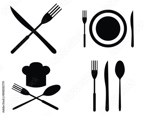 Cutlery and Tableware Icon Set – Plate, Spoon, Fork, and Knife Line Art, Vector Illustration, Food Symbol
