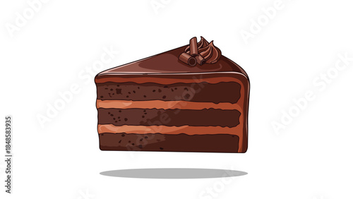 Delectable illustration of a rich layered chocolate cake slice, adorned with smooth ganache, delicate frosting swirl, and elegant chocolate curls on
