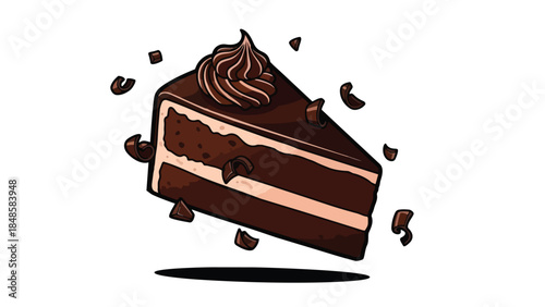 Decadent chocolate dessert slice with elegant frosting swirl and dynamic scattered shavings offering a delightful confectionery treat for any sweet
