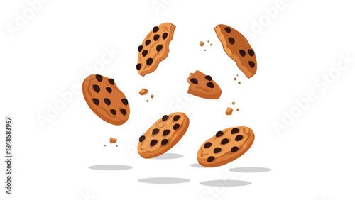 Delicious chocolate chip cookies dynamically falling with tasty broken pieces and delicate crumbs creating an appetizing visual of sweet indulgence