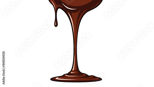Velvety rich brown confection cascading gracefully, forming a delightful puddle below, a single lustrous drop suspended, an enticing sweet delight