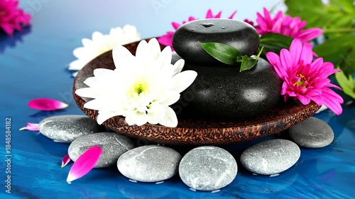 A tranquil spa arrangement with black stones, white and pink flowers, and smooth grey rocks on blue surface